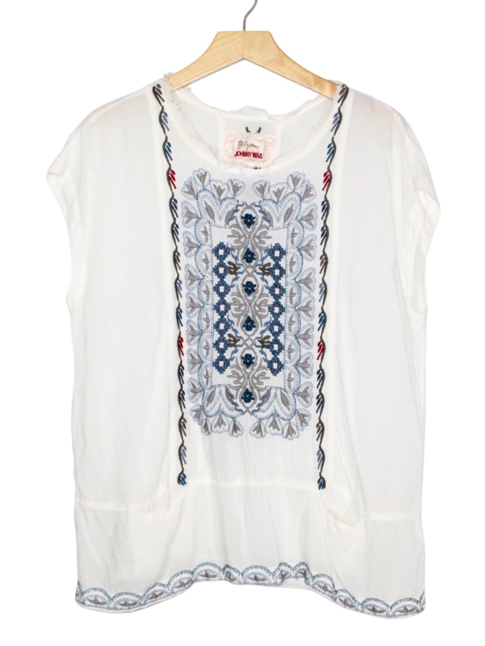 Biya Johnny Was women's peasant top size S white embroidered short sleeve boho